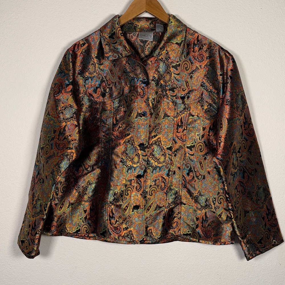 Chico's Multicolor Bronze Paisley Jacket with Metallic Threading size 3 XL